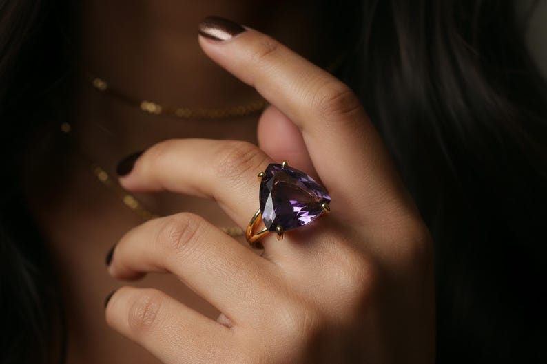 Trillion Amethyst Ring · Sterling Silver Ring · Purple Gemstone Ring · 925 Silver Stone Ring · February Birthstone Ring image 2
