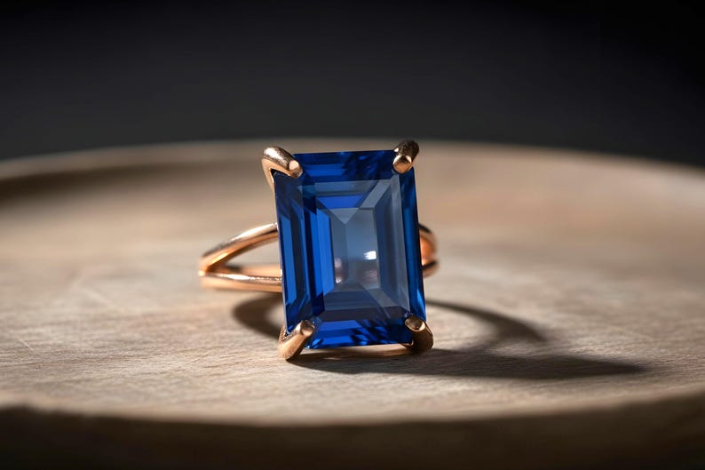 Rectangular Sapphire Ring · 14k Gold Sapphire Ring · 14k Emerald Cut Ring · Deep Blue Ring · Gold Rectangle Ring image 11