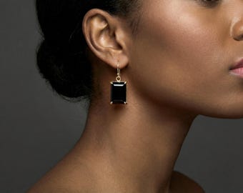 Pendientes de ónix negro en oro de 14 k • Pendientes colgantes rectangulares vintage
