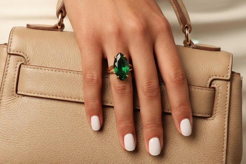 Handmade Marquise Emerald Ring · Sterling Silver Emerald Ring · May Birthstone Ring image 6
