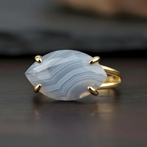Blue Lace Agate Ring · Large Marquise Ring · Sterling Silver Gemstone Ring · Gift For Mom · 925 Silver Stone Ring · Natural Gem Ring image 6