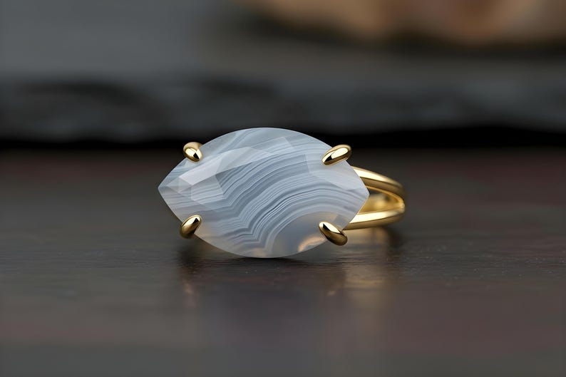 Blue Lace Agate Ring · Large Marquise Ring · Sterling Silver Gemstone Ring · Gift For Mom · 925 Silver Stone Ring · Natural Gem Ring image 6