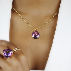 Birnenform Amethyst Anhänger Halskette · Lila und Gold Halskette · Extra Langer Goldanhänger · Februar Birthstone Anhänger