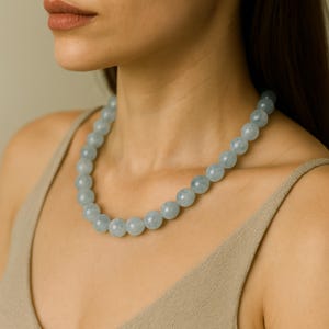 Aquamarine Gemstone Beaded Necklace · March Birthstone Jewelry for Women · Smooth Round Shiny Beads Choker · Handmade Semi Precious Necklace
