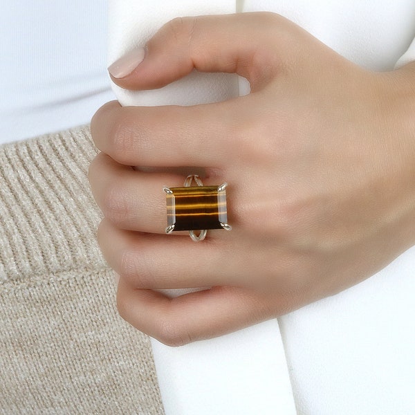 Tiger Eye Silver Ring · 14k White Gold Ring · Rectangle Gemstone Ring · Sterling Silver Ring · Unique Handmade Ring