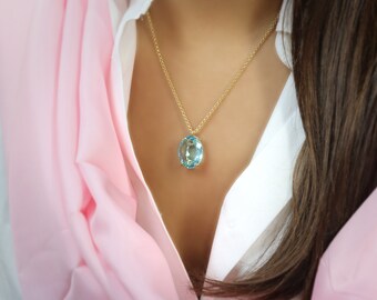 Blue Topaz Necklace Oval Stone Pendant 