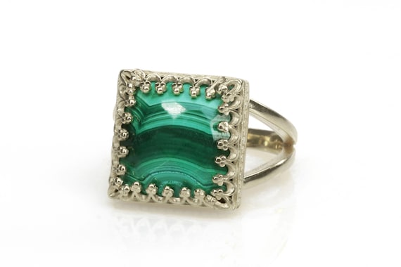 Unique Silver Ring Malachite Ring Square Gem Ring Gemstone Ring