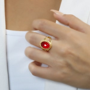 Red Ruby Ring · Faceted Oval Gemstone Ring · July Birthstone Ring · Victorian Style Ring · 18k Gold Filled Ring For Women