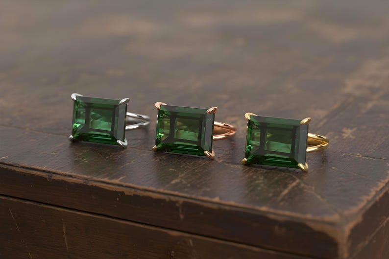 Silver Emerald Ring · Green Emerald Ring · 925 Rectangle Ring · May Birthstone Ring · Large Wide Prong Ring image 3