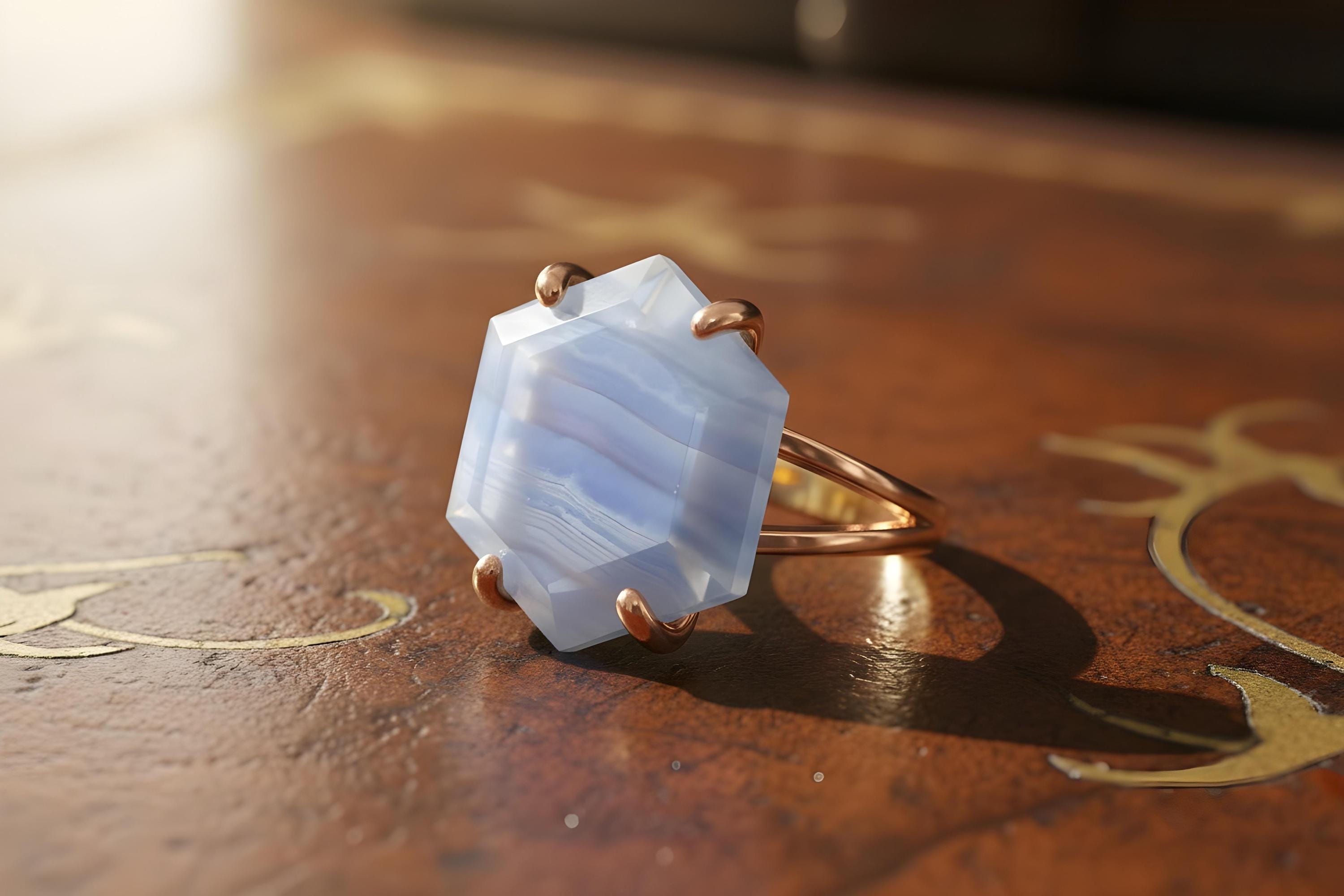 Blue Lace Agate Ring · Pink Gold Gemstone Ring · Hexagon Ring