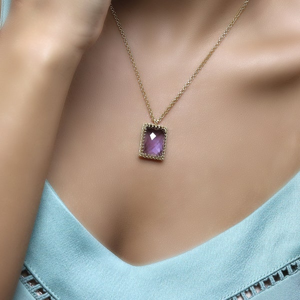 Purple Amethyst Necklace  · 18k Gold Gemstone Necklace · Rectangle Pendant Necklace · February Birthstone · Victorian Necklace