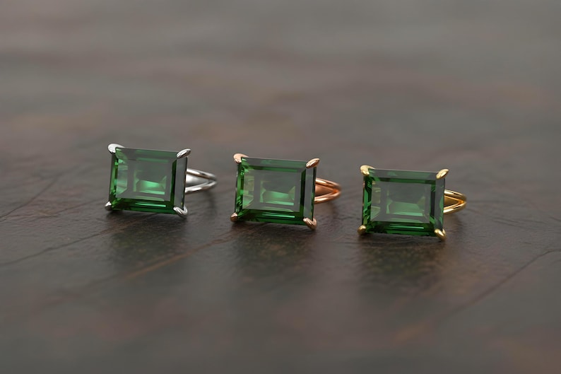 Silver Emerald Ring · Green Emerald Ring · 925 Rectangle Ring · May Birthstone Ring · Large Wide Prong Ring image 7