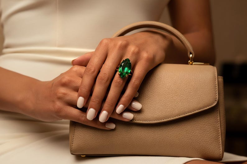 Handmade Marquise Emerald Ring · Sterling Silver Emerald Ring · May Birthstone Ring image 4