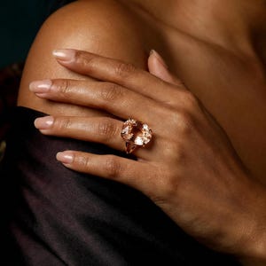 Custom Oval Morganite Gold Ring · Peach Gem Double Band Ring · 14k Statement Morganite Jewelry