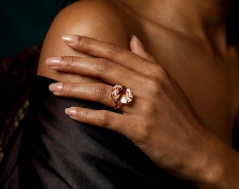 Custom Oval Morganite Gold Ring · Peach Gem Double Band Ring · 14k Statement Morganite Jewelry