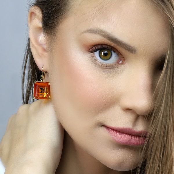 Square Princess Cut Citrine Earrings · Gold November Birthstone Earrings · Orange Stone Statement Earrings · Long Healing Earrings