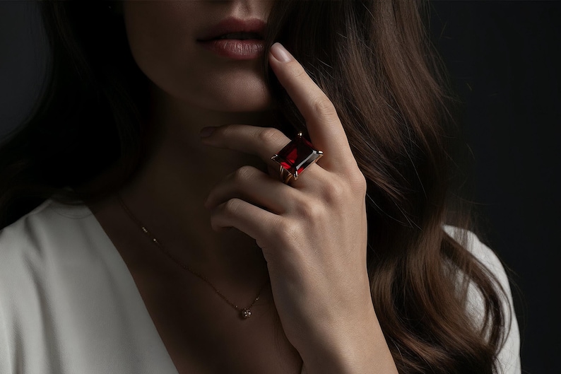 Rectangular Garnet Ring · January Gemstone Ring · Emerald Cut Garnet Ring · 14k Gold Filled Garnet Ring · Custom Engraved Ring image 3
