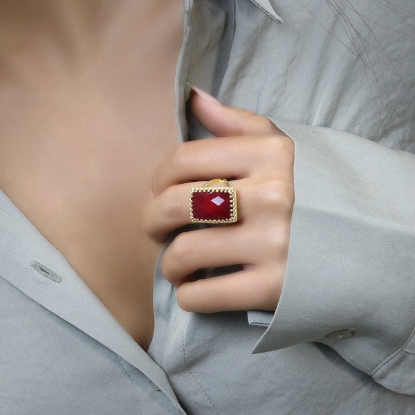 Red Jade Ring · July Birthstone Ring · Rectangular Ring · Statement Ring · Jade Jewelry · July Ring · July Jewelry · Red Stone Ring