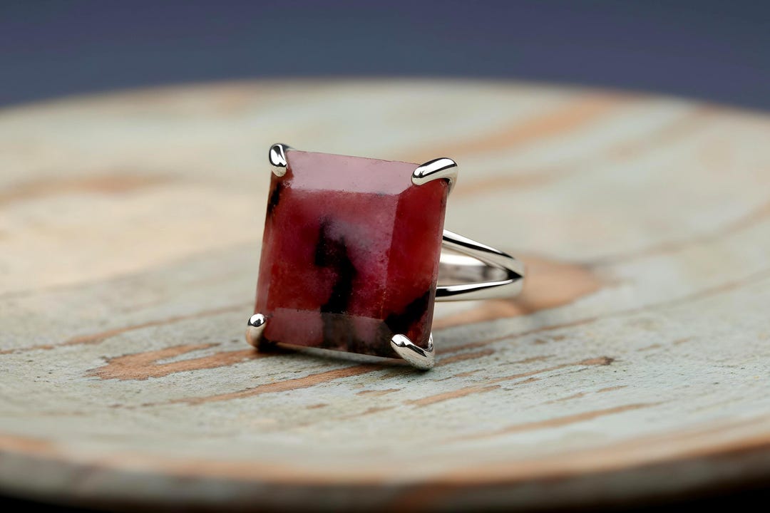 Sterling Silver Rhodonite Square Cut Gemstone Ring · Semiprecious Raw ...
