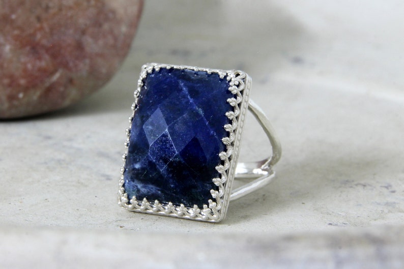 Sodalite ring,rectangular gold ring,statement ring,double band ring,gemstone ring,healing ring