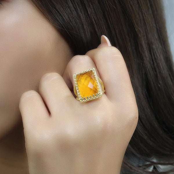 Citrine Statement Ring · Gold Ring · Rectangle Ring · Citrine Ring · Cocktail Ring · Gemstone Ring · November Birthstone Ring