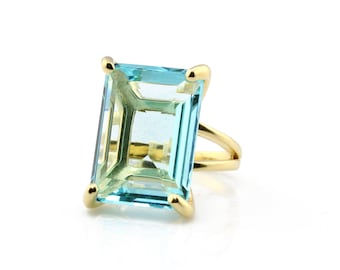 Statement Topaz Ring · 14k Gold Gem Ring · 14k Solid Gold Ring · Blue topaz Ring · Custom Size Rings · Emerald Cut Ring