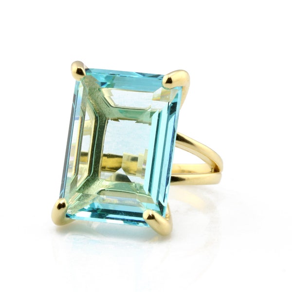 Statement Topas Ring · 14k Gold Edelstein Ring · 14k Solid Goldring · Blauer Topas Ring · Benutzerdefinierte Größe Ringe · Smaragdschliff Ring