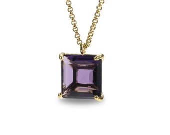 Square Cut Amethyst Pendant · Prong Pendant Necklace · Purple Stone Necklace · February Birthstone Necklace · Long Pendant Necklace