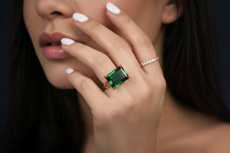 Silver Emerald Ring · Green Emerald Ring · 925 Rectangle Ring · May Birthstone Ring · Large Wide Prong Ring image 8