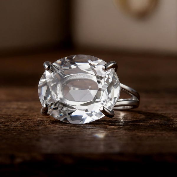Crystal Quartz Statement Ring  · Faceted Oval Gemstone In Sterling Silver