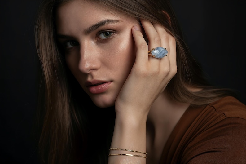 Blue Lace Agate Ring · Large Marquise Ring · Sterling Silver Gemstone Ring · Gift For Mom · 925 Silver Stone Ring · Natural Gem Ring image 4