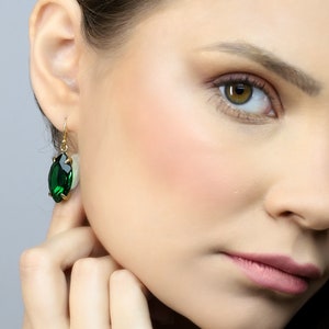 Green Emerald Marquise Earrings Gold Dangle Earrings May Birthstone Earrings Minimalist Prong Earrings 18k Solid Gold Earrings image 5
