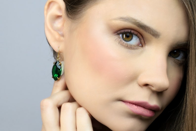 Green Emerald Marquise Earrings Gold Dangle Earrings May Birthstone Earrings Minimalist Prong Earrings 18k Solid Gold Earrings image 5