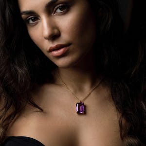 Amazing Amethyst Pendant Necklace · Rectangle Stone Pendant · Gold Pendant 14k · Long Pendant
