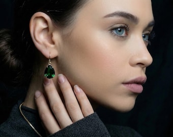 Emerald Teardrop Earrings • 18k Gold Dangle Pear Earrings • May Birthstone