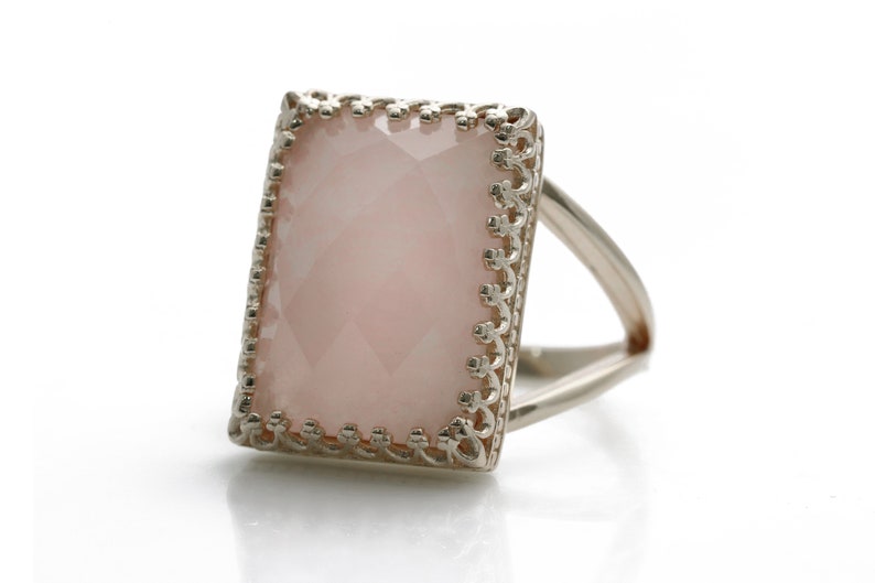 Rose Quartz Ring Large Cocktail Ring Rectangular Ring Rose Gold Ring Statement Ring Gemstone Ring Love Ring Lovers Ring image 6