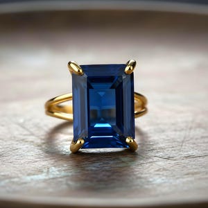 Rectangular Sapphire Ring · 14k Gold Sapphire Ring · 14k Emerald Cut Ring · Deep Blue Ring · Gold Rectangle Ring image 5