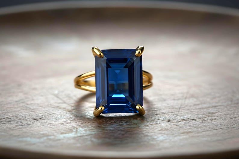 Rectangular Sapphire Ring · 14k Gold Sapphire Ring · 14k Emerald Cut Ring · Deep Blue Ring · Gold Rectangle Ring image 5