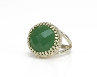 Silver Aventurine Ring · 925 Silver Ring · Statement Vintage Ring · Victorian Ring · Round Gemstone Ring · Green Ring · Custom Rings