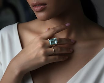 Statement Topaz Ring · 14k Gold Gem Ring · 14k Solid Gold Ring · Blue topaz Ring · Custom Size Rings · Emerald Cut Ring