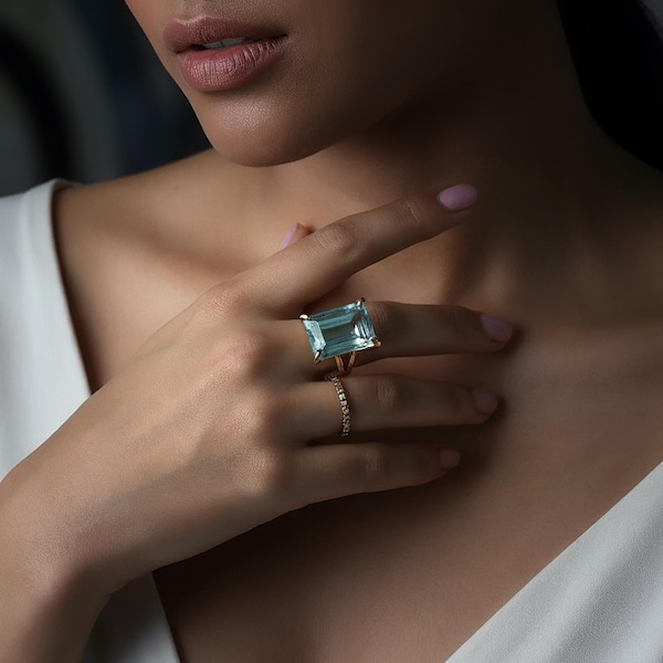 Statement Topaz Ring · 14k Gold Gem Ring · 14k Solid Gold Ring · Blue topaz Ring · Custom Size Rings · Emerald Cut Ring