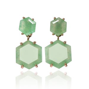 One of A Kind Gemstone Earrings · Gold Dangle Aventurine Earrings · Green Aventurine 18k Earrings · Hexagon Bridal Earrings Dangle image 6