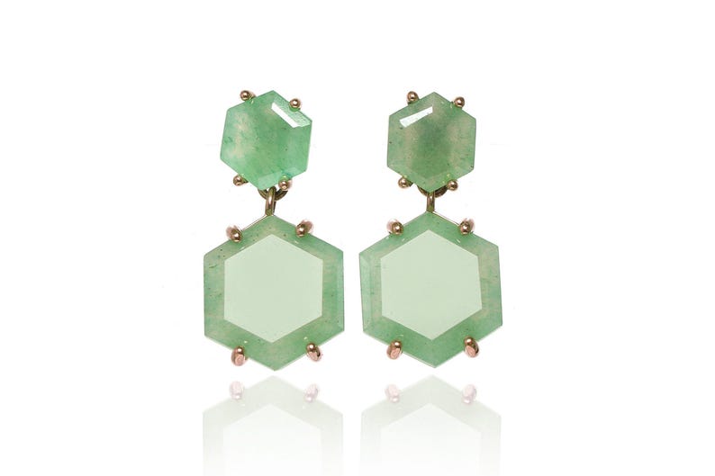 One of A Kind Gemstone Earrings · Gold Dangle Aventurine Earrings · Green Aventurine 18k Earrings · Hexagon Bridal Earrings Dangle image 6