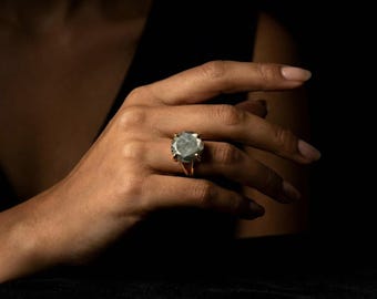 Round Cut Pyrite Ring · 925 Sterling Silver Statement Solitaire Gemstone Ring