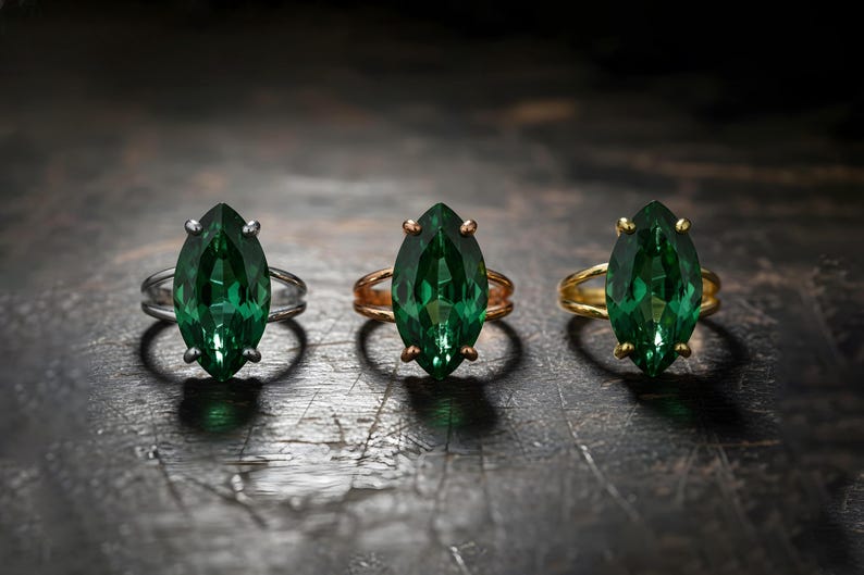 Handmade Marquise Emerald Ring · Sterling Silver Emerald Ring · May Birthstone Ring image 3