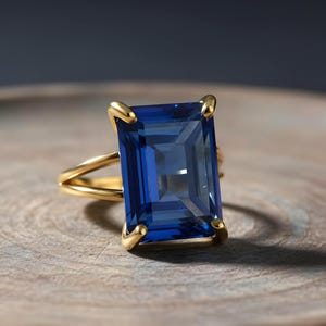 Rectangular Sapphire Ring · 14k Gold Sapphire Ring · 14k Emerald Cut Ring · Deep Blue Ring · Gold Rectangle Ring image 4
