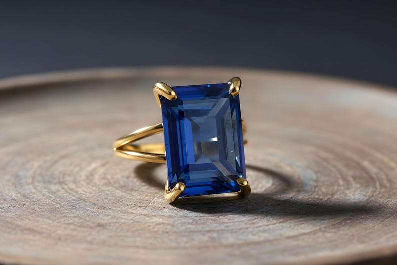 Rectangular Sapphire Ring · 14k Gold Sapphire Ring · 14k Emerald Cut Ring · Deep Blue Ring · Gold Rectangle Ring image 4