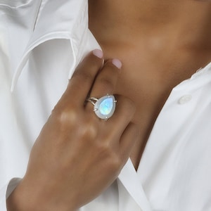 925 Handmade Moonstone Ring · Big Teardrop Stone Ring · Rainbow Moonstone Cocktail Ring · June Birthstone Ring Silver · 925 Sterling Ring