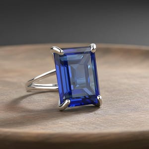 Rectangular Sapphire Ring · 14k Gold Sapphire Ring · 14k Emerald Cut Ring · Deep Blue Ring · Gold Rectangle Ring image 8