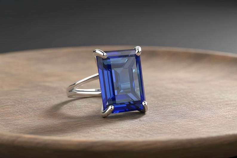 Rectangular Sapphire Ring · 14k Gold Sapphire Ring · 14k Emerald Cut Ring · Deep Blue Ring · Gold Rectangle Ring image 8